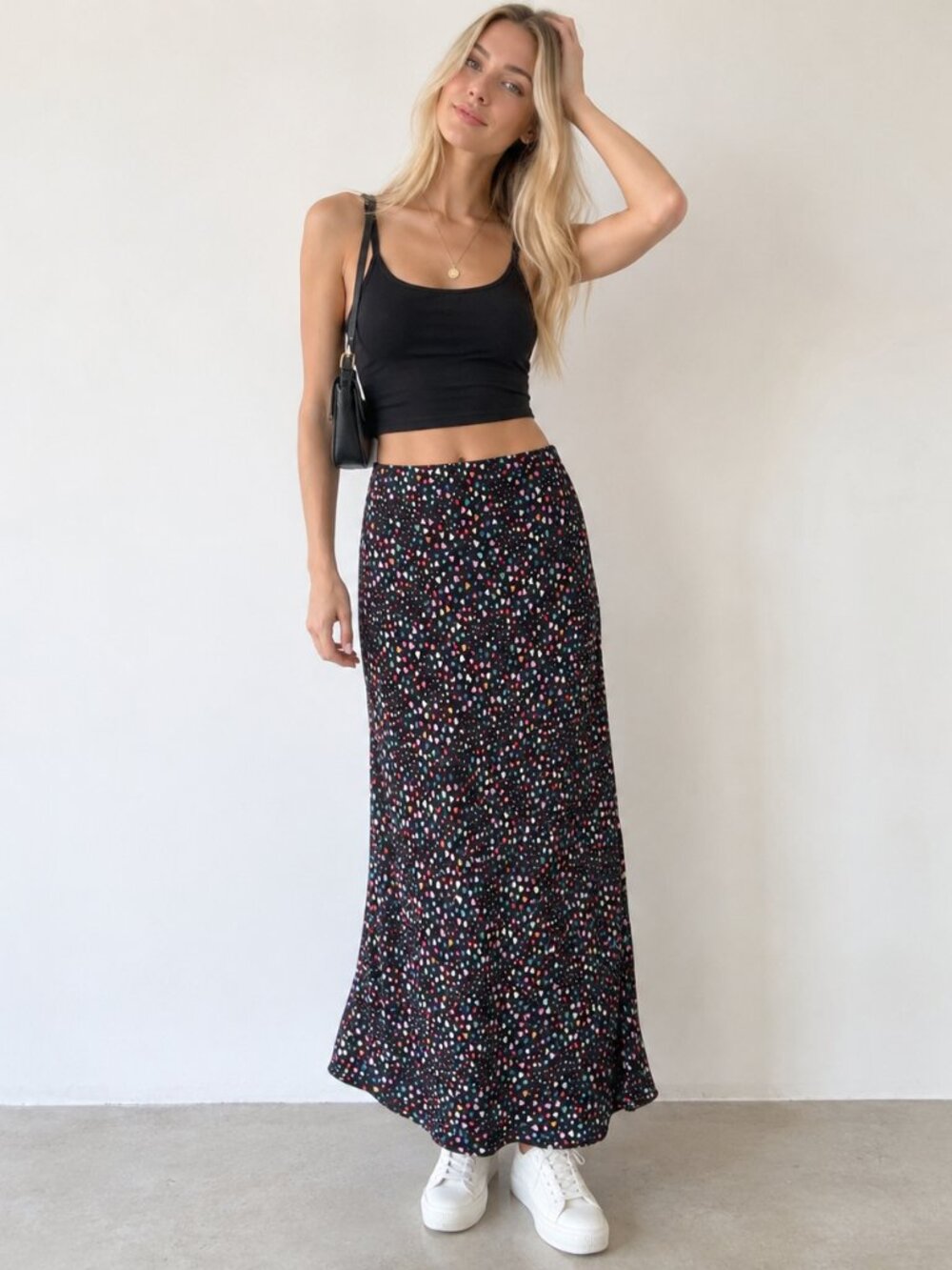 AFRM Black Multicolor Ditsy Heart Print Ankle Length Midi Maxi Pull-on Skirt S P